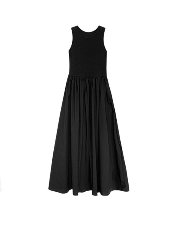 Pleated Pockets Solid Color Split-Joint High Waisted Sleeveless Round-Neck Midi Dresses