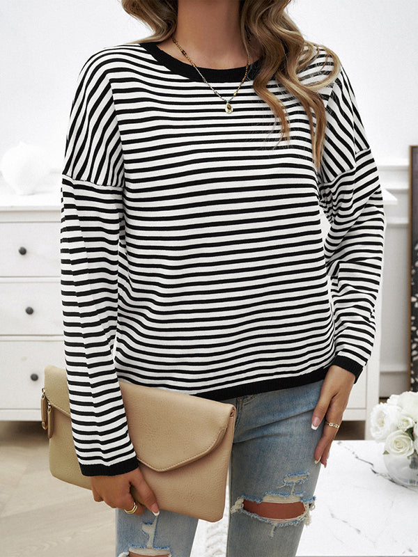 Split-Joint Striped Long Sleeves Loose Round-Neck Sweater Tops Pullovers