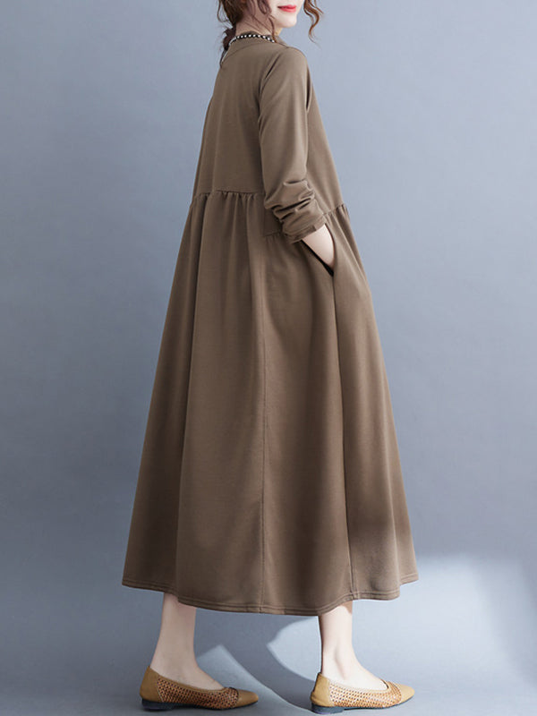 Casual Loose Long Sleeves Solid Color Stand Collar Midi Dresses