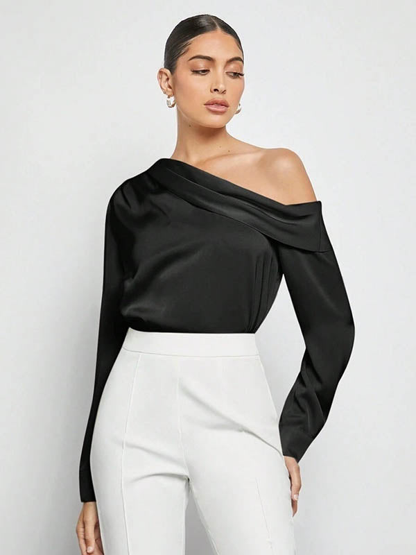Pleated Solid Color Split-Joint Long Sleeves Skinny One-Shoulder Blouses&Shirts Tops