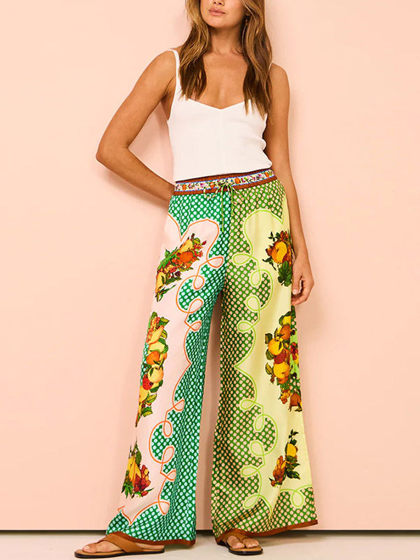 Contrast Color Floral Printed Loose Short Sleeves Lapel Shirt Top&Pants Two Pieces Set