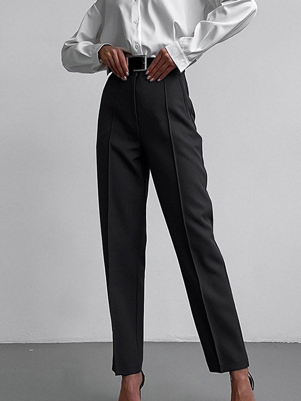 Pleated Solid Color Split-Joint High Waisted Trousers Suit Pants
