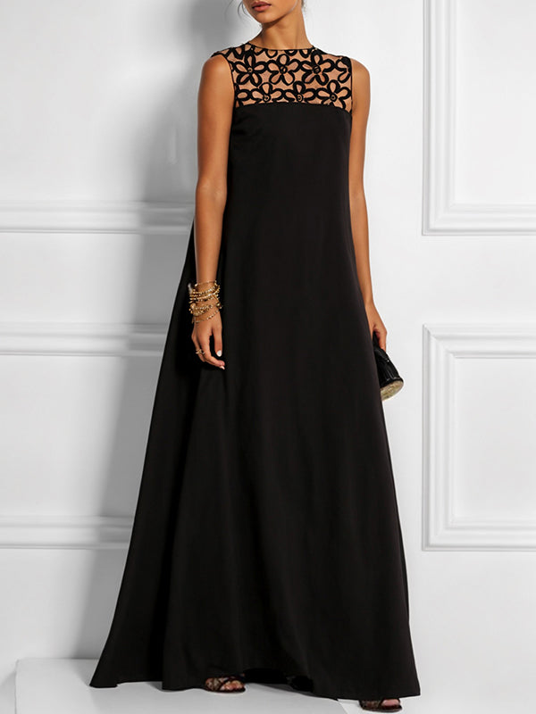 Hollow Solid Color Split-Joint Loose Sleeveless Round-Neck Maxi Dresses