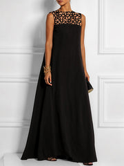 Hollow Solid Color Split-Joint Loose Sleeveless Round-Neck Maxi Dresses