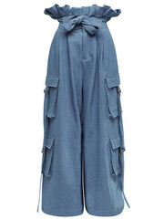 High Waisted Wide Leg Pockets Ruffled Tied Waist Jean Pants Bottoms