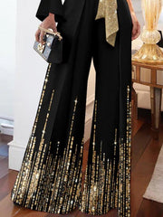 Printed Shiny Tied Waist Long Sleeves Loose One-Shoulder Jumpsuits