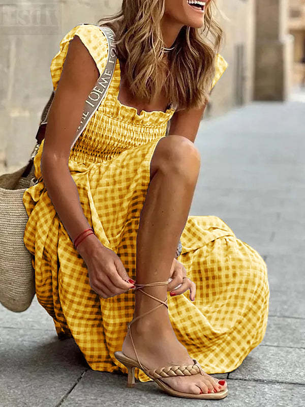 Elasticity Plaid Pleated Split-Joint Loose Sleeveless Square-Neck Maxi Dresses