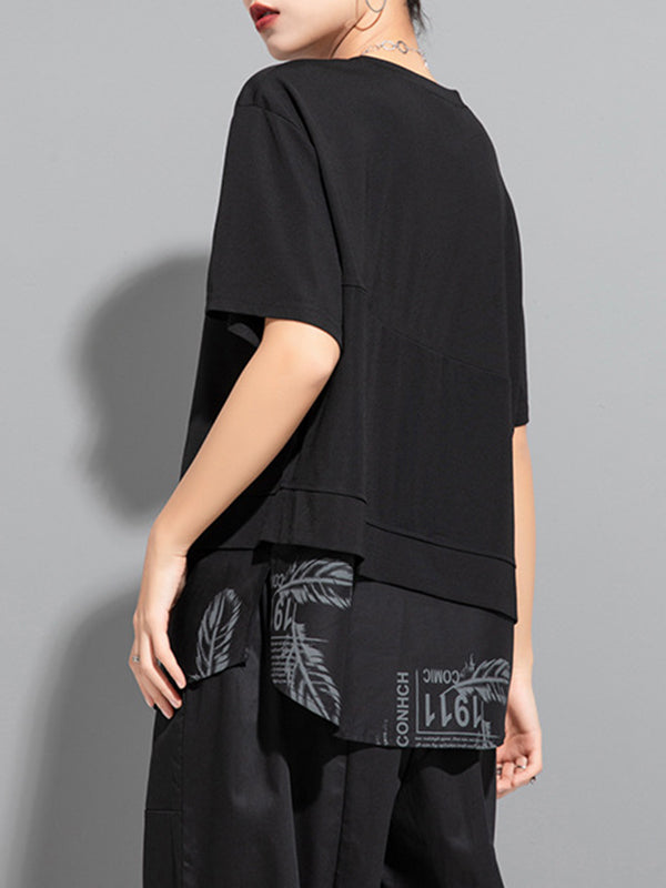 Printing Split-Joint False Two Loose Round-neck T-Shirts Tops
