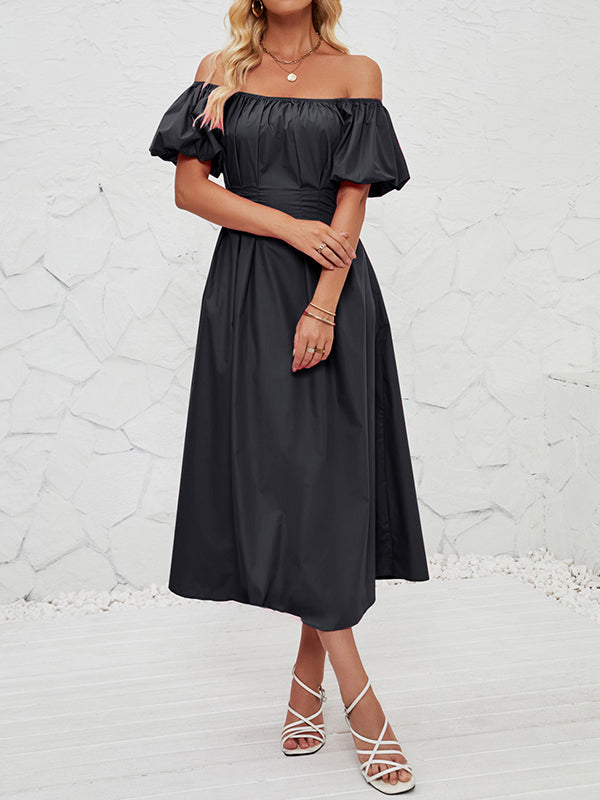 Elasticity Pleated Solid Color Split-Joint Loose Puff Sleeves Off-The-Shoulder Midi Dresses