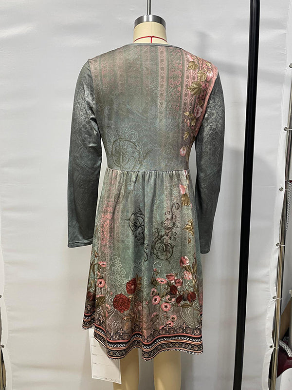 Flower Print Pleated Split-Joint A-line Long Sleeves Round-neck Mini Dresses