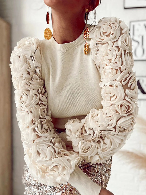 Solid Color Split-Joint Three-Dimensional Flower Long Sleeves Loose Round-Neck T-Shirts Tops