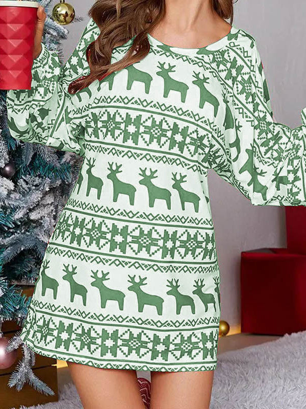 Animal Printed Contrast Color Flower Print Long Sleeves Puff Sleeves One-Shoulder Mini Dresses