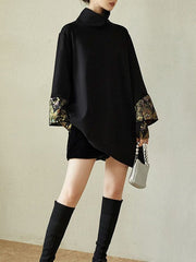 Embroidered Split-Joint Fake Two-Piece Irregular Clipping High Neck Sweatershirt