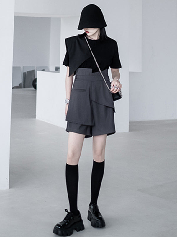 Urban Asymmetric Split-Front Solid Color Short Sleeves T-Shirt Top