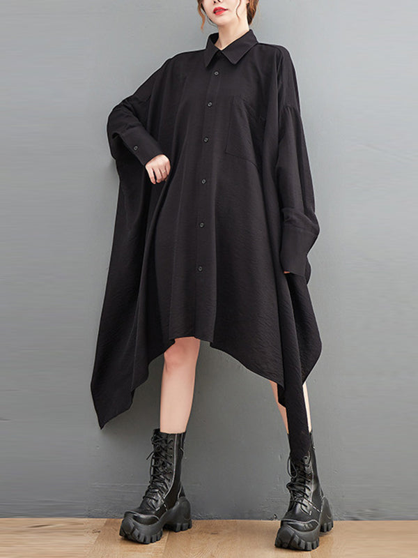 Asymmetric Buttoned Pockets Solid Color A-Line High-Low Lapel Shirt Dress Midi Dresses