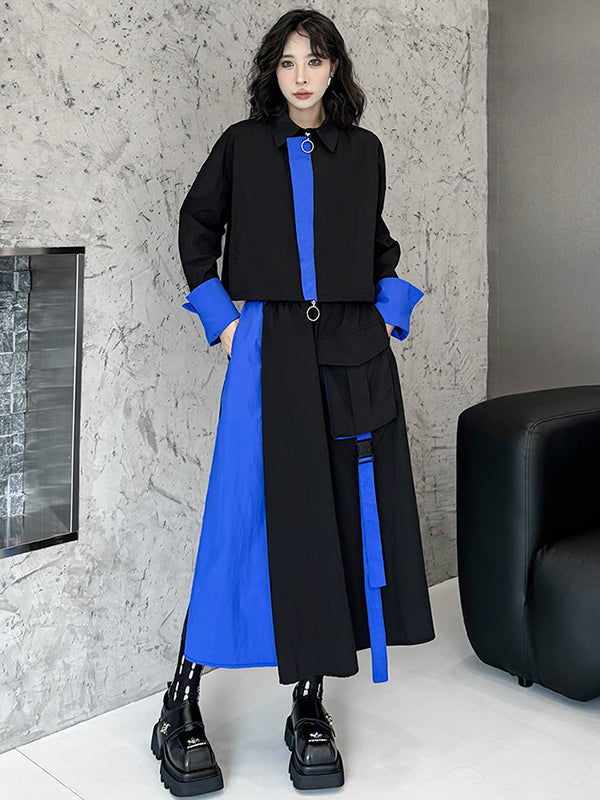 Asymmetric Contrast Color Split-Joint Lapel Blouses&Shirts Tops + A-Line Elasticated Waist Pockets Streamer Skirts Bottoms Two Pieces Set