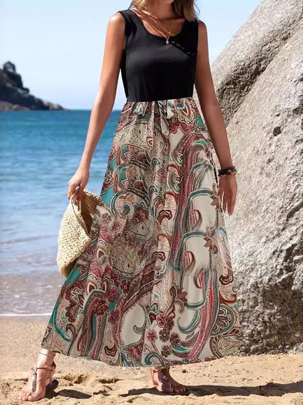 Printed Split-Joint A-Line Loose Round-Neck Maxi Dresses