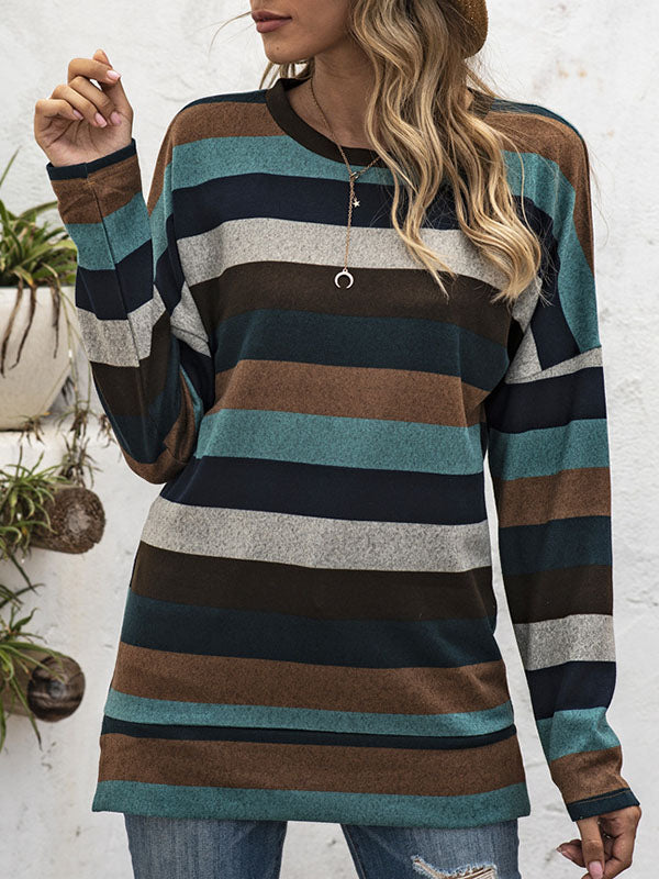 Split-side Striped Long Sleeves Loose Round-neck Sweatshirt Tops