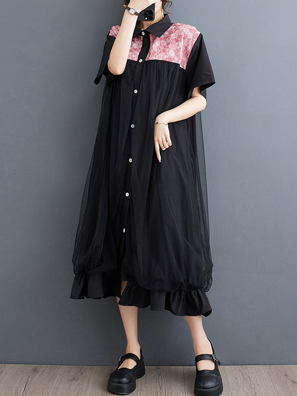 Falbala Printed Split-Joint Loose Short Sleeves Lapel Midi Dresses