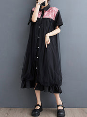 Falbala Printed Split-Joint Loose Short Sleeves Lapel Midi Dresses