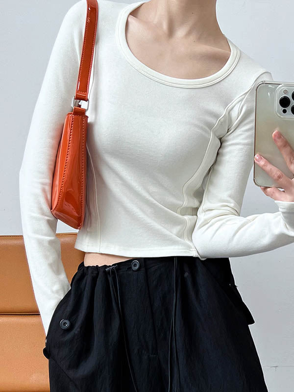 Solid Color Split-Joint Long Sleeves Skinny Round-Neck T-Shirts