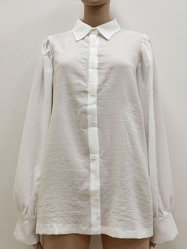 Buttoned Solid Color Split-Joint Long Sleeves Loose Lapel Blouses&Shirts Tops