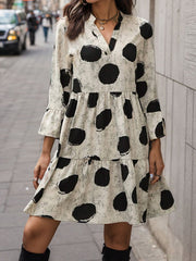 Pleated Polka-Dot Split-Joint A-line Flared Sleeves V-neck Mini Dresses