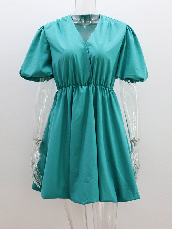 Solid Color Loose Puff Sleeves V-Neck Mini Dresses
