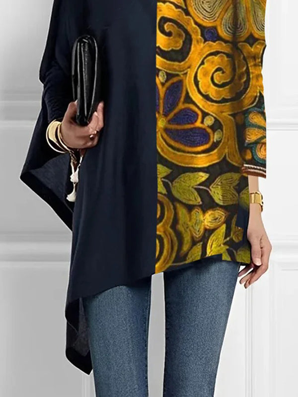Long Sleeves Loose Asymmetric Contrast Color Printed Mock Neck T-Shirts Tops