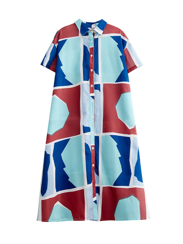 Cartoon Printed Multi-Colored Loose Short Sleeves Lapel Shirt Dress Midi Dresses