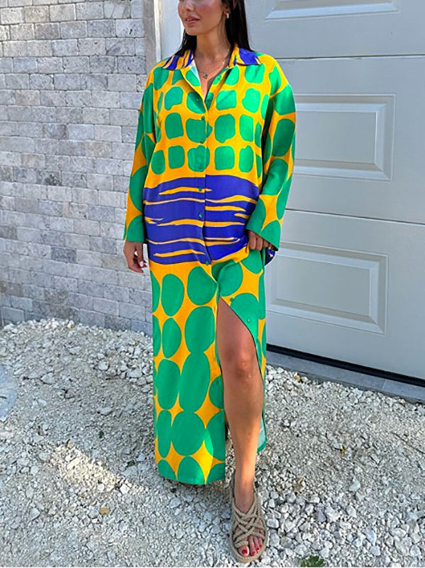 Buttoned Printed Long Sleeves Loose Lapel Shirt Dress Maxi Dresses
