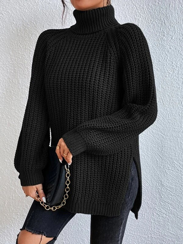 Solid Color Split-side Long Sleeves Loose High Neck Sweater Tops Pullovers