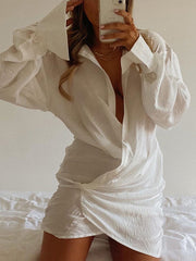 Pleated Solid Color Bodycon Long Sleeves Deep V-Neck Shirt Dress Mini Dresses