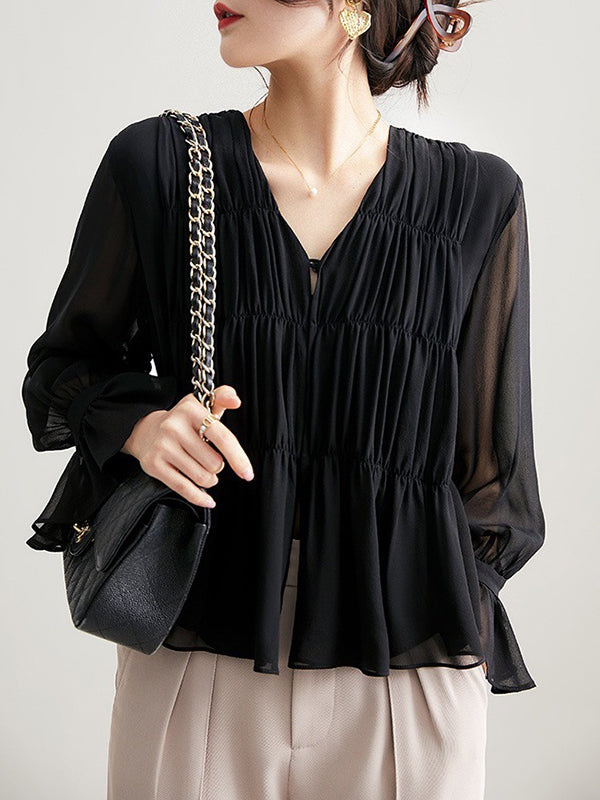 Pleated Solid Color Split-Front Flared Sleeves Long Sleeves V-Neck Blouses&Shirts Tops