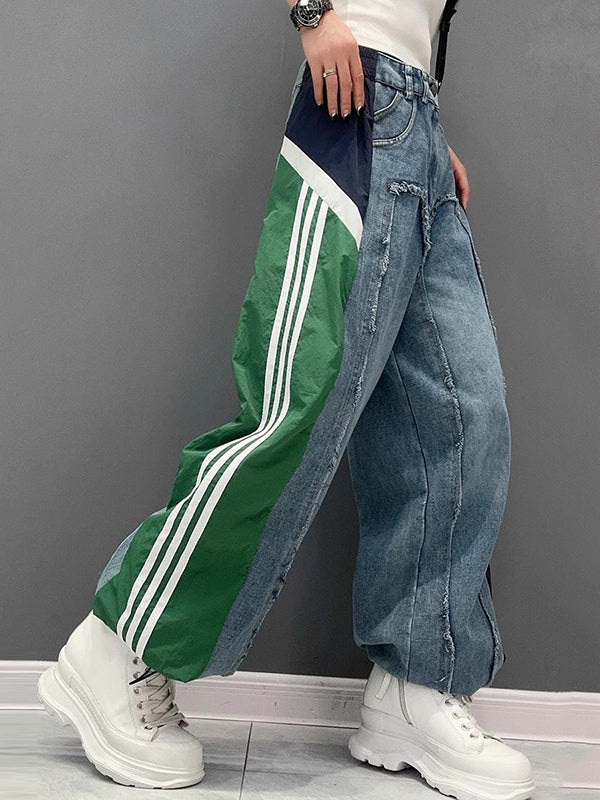 Contrast Color Drawstring Elasticity Fringed Split-Joint Loose Wide Leg Jean Pants Bottoms