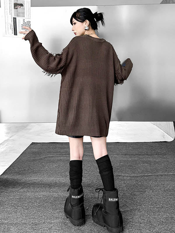 Abstract Printed Asymmetric Contrast Color Split-Joint Tasseled Irregularity Long Sleeves Round-Neck Sweater Tops
