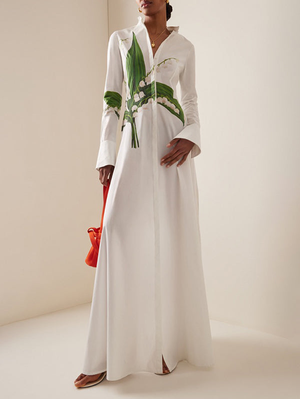 Buttoned Flower Print A-Line Long Sleeves Round-Neck Maxi Dresses