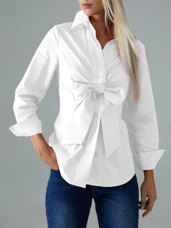 Long Sleeves Bow-Embellished Buttoned Solid Color Lapel Blouses&Shirts Tops