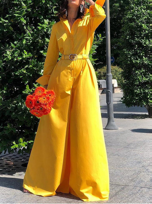 Solid Color Split-Joint Long Sleeves Loose Lapel Jumpsuits