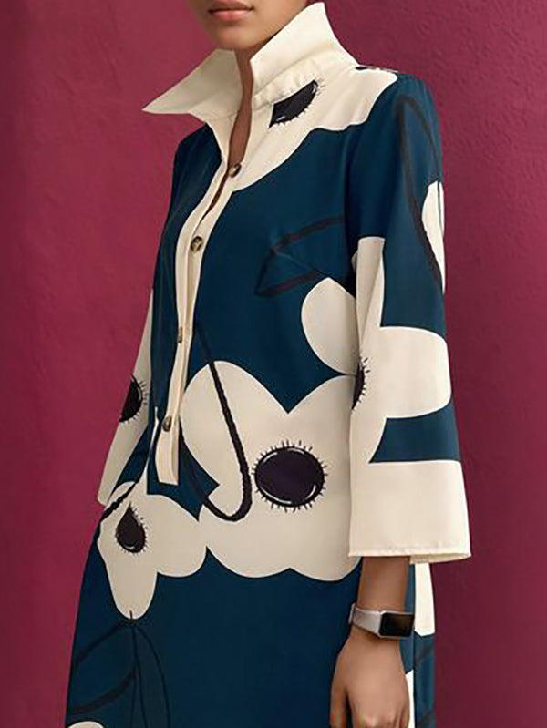 Buttoned Flower Print A-Line Loose Stand Collar Mini Dresses