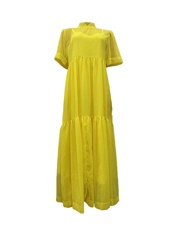 Loose Plus Size Mesh Pleated Solid Color Split-Joint Mock Neck Maxi Dresses Two Pieces Set