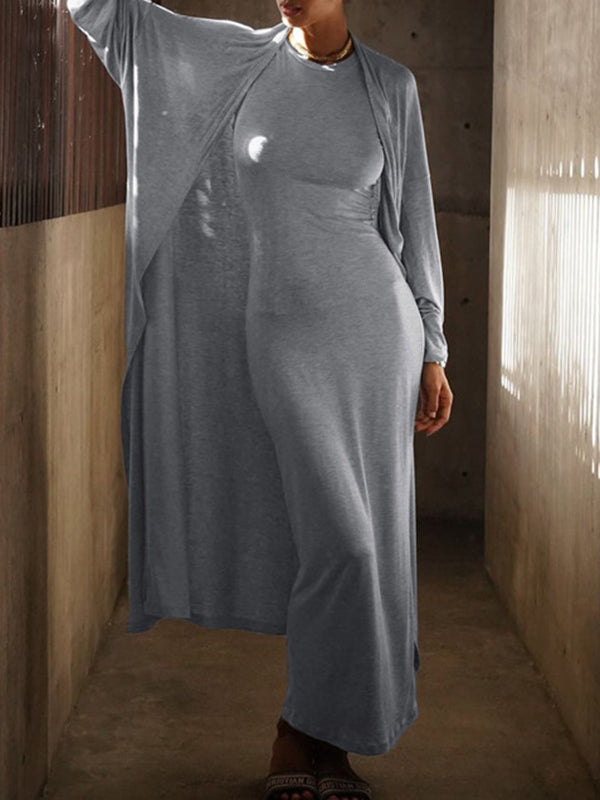 Solid Color Long Sleeves Round-Neck Inner Dress + Bodycon Outerwear Two Pieces Set