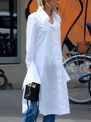 Casual Flared Sleeves Long Sleeves Split-Side Solid Color Lapel Collar Blouses Shirt Dress