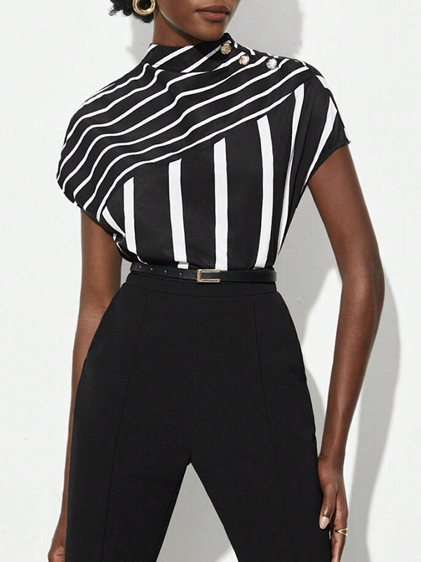 Asymmetric Split-Joint Striped Batwing Sleeves Loose High Neck T-Shirts Tops