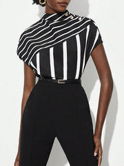 Asymmetric Split-Joint Striped Batwing Sleeves Loose High Neck T-Shirts Tops