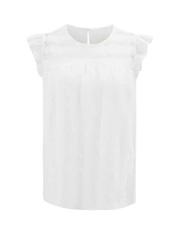 Hollow Ruffle Trim See-Through Solid Color Split-Joint Cap Sleeve Loose Round-neck Vest Top