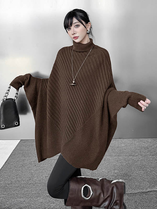 Asymmetric Ribbed Knit Solid Color Split-Joint Batwing Sleeves Irregularity High Neck Sweater Tops