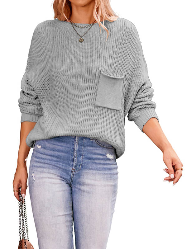 Pockets Solid Color Long Sleeves Loose Round-Neck Sweater Tops Pullovers