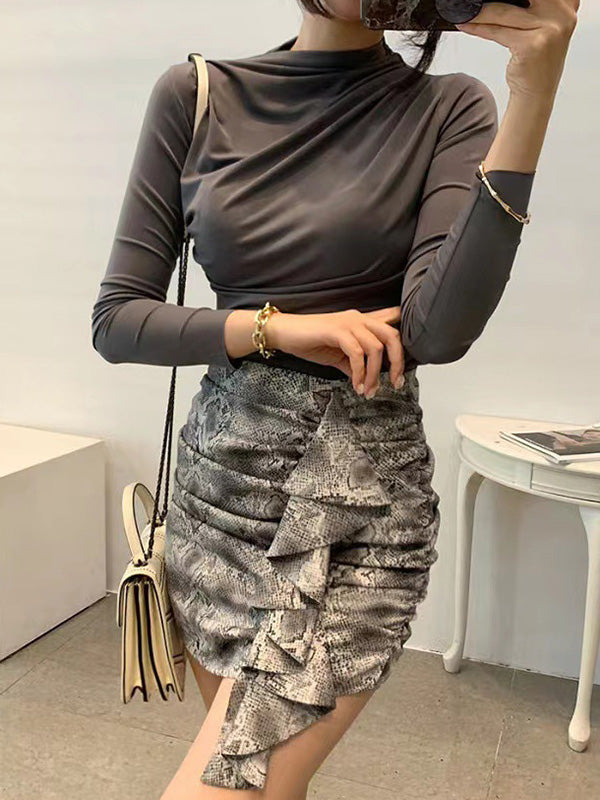 Pleated Solid Color Long Sleeves Skinny Mock Neck T-Shirts Tops