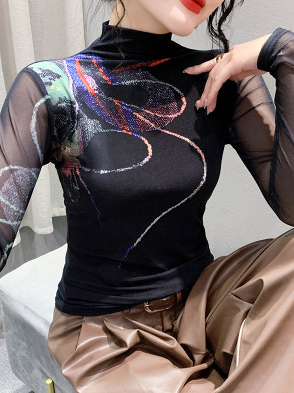 Printed See-Through Split-Joint Long Sleeves Plus Size High Neck T-Shirts